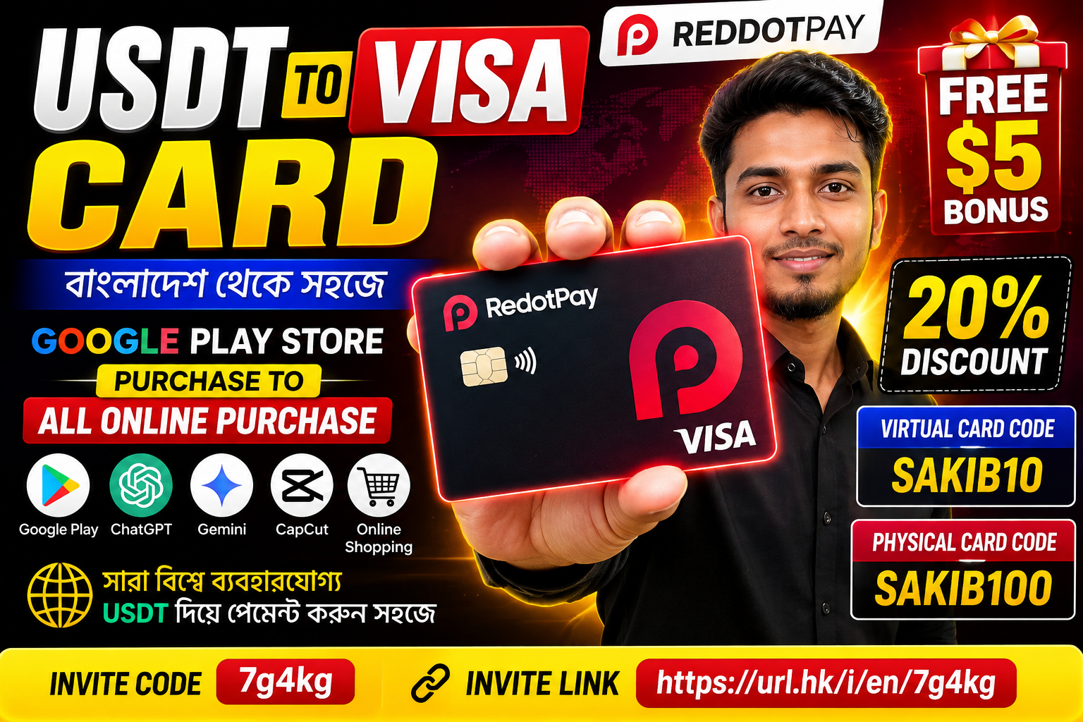 Reddotpay Free Virtual ও Physical Card, 20% Discount এবং $5 Bonus
